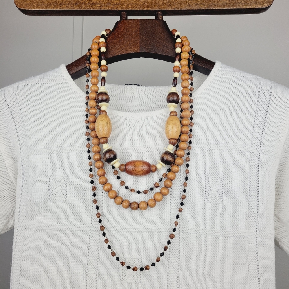 3 Pc Vintage Wooden Bead Necklaces